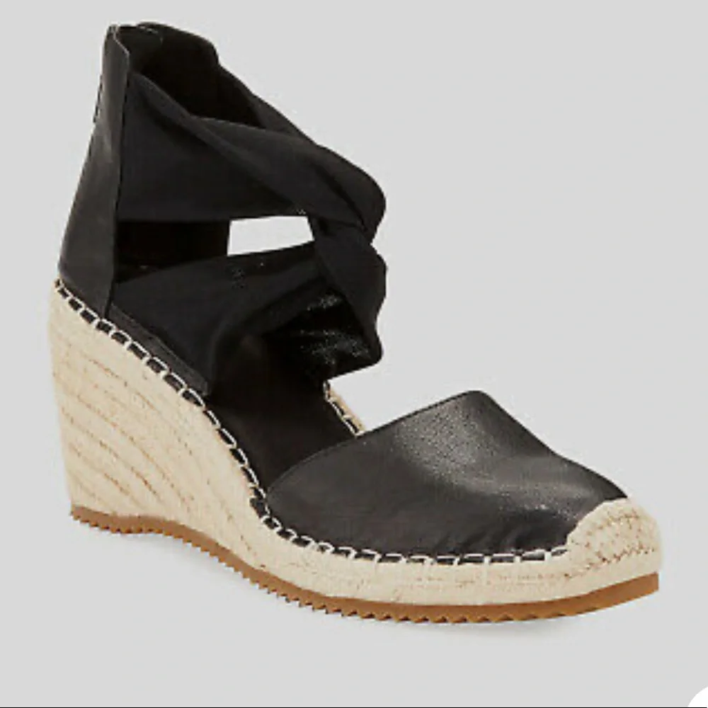 Eileen Fisher Black Wallis Leather Wedge Espadrille Sandals Ankle Strap Size 6.5 - Picture 2 of 12